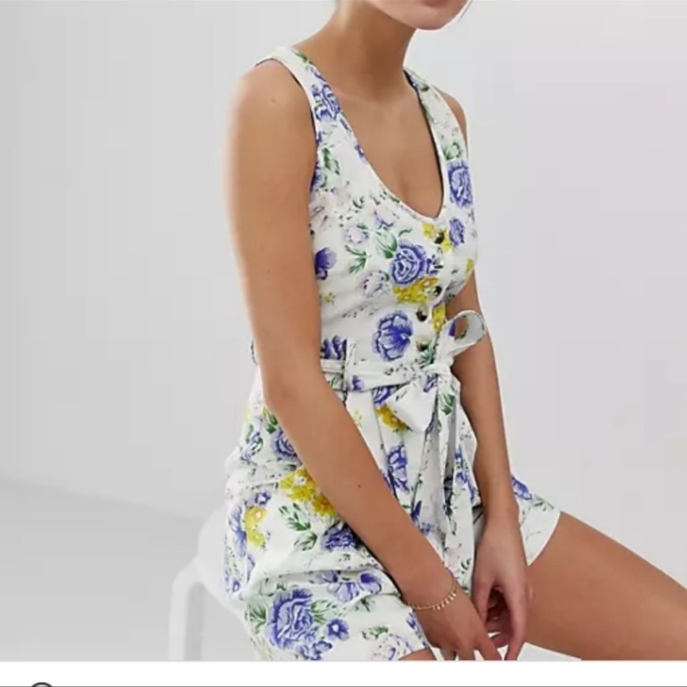 ASOS Vintage Floral Print Button Pinny Belted Shorts Romper Sz 14 Summer